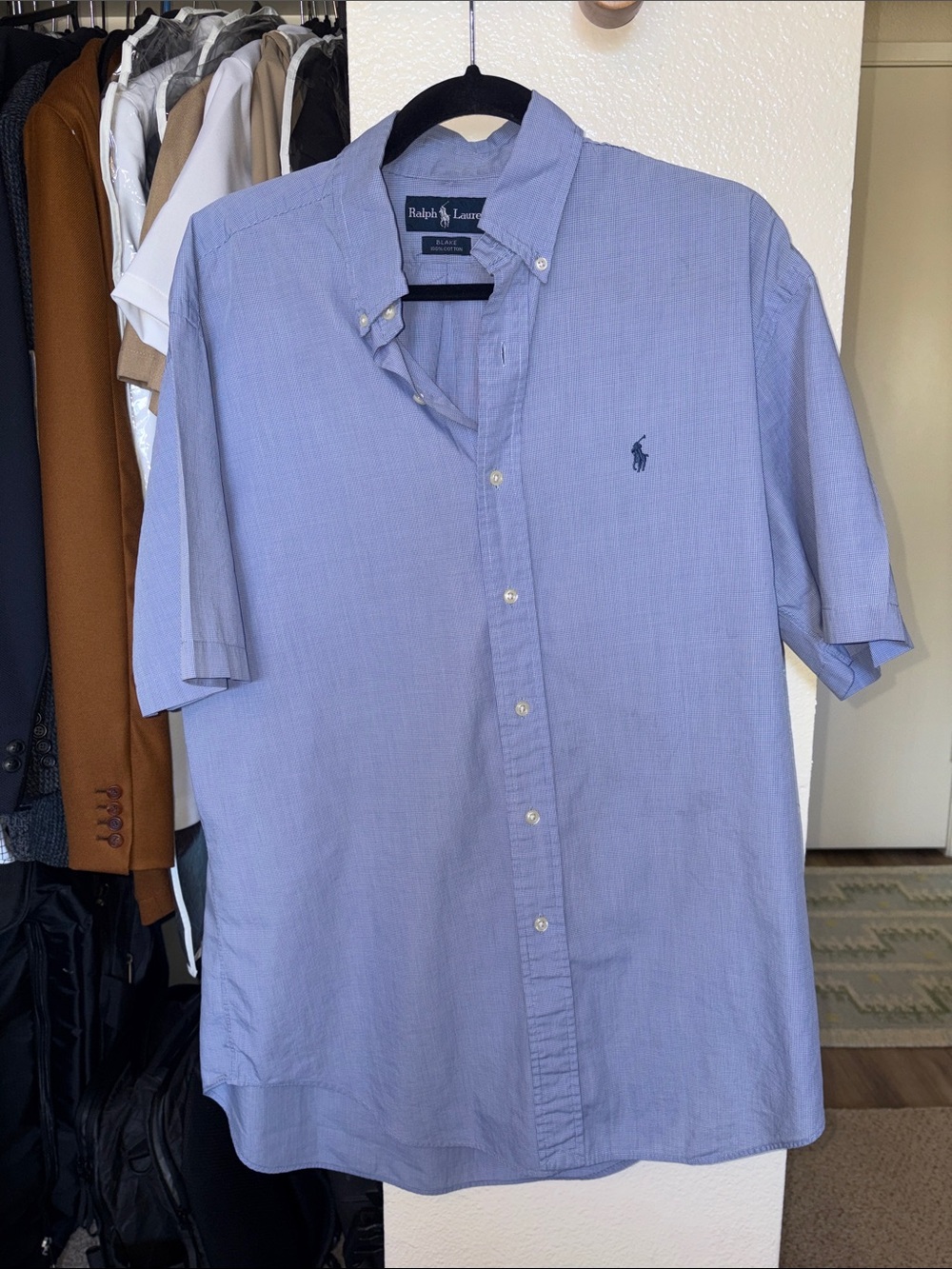 Ralph Lauren Men’s Light Blue Short-Sleeve Button-Down Shirt with Navy Pony
